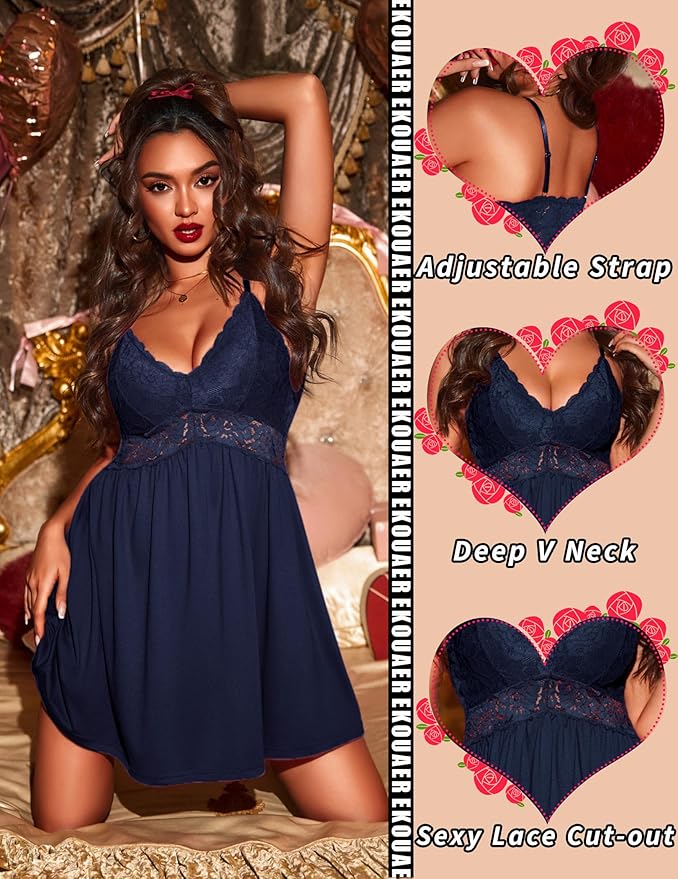 Ekouaer Lingerie for Women Sexy Nightgown Lace Trim Sleep Dress Chemise Nightgowns Sleeveless Night Gown Sleepwear S-3XL