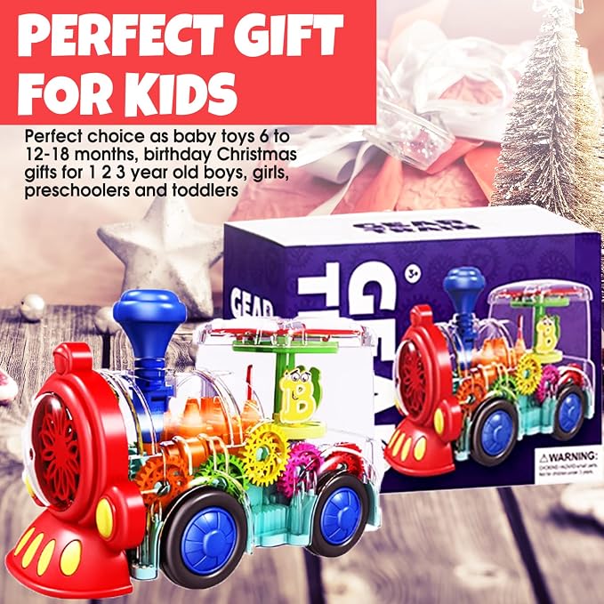 Transparent Sensory Train Toy -Interactive Light up Toys for Kids- Musical Train Toys with LED Light for Toddlers- Colorful Moving Gears- Tummy Time Crawling Baby Toy