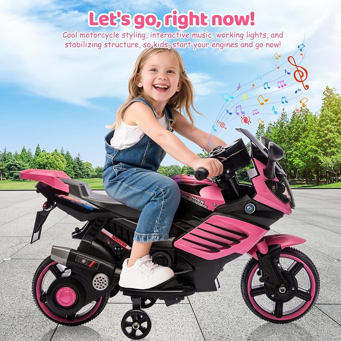Garvee Kids 6V Ride On Motorcycle, Battery Powered Ride On Toys w/Treaded Tires, Working Headlight, Horn, Music, Training Wheels, Stable Electric Toddler Motorcycle for Kids, Gift for Boys Girls, Pink