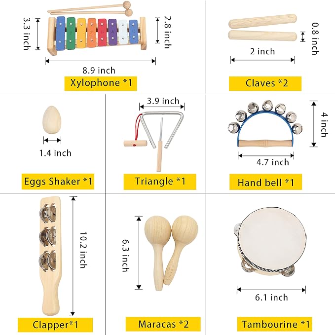 Musical Instrument Set for Toddler Baby Kid Wooden Percussion Instrument Musical Toys Xylophone Maracas Egg Shaker Tambourine Triangle Instrument for Boys Girls