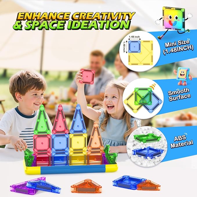 Soyee Mini Magnetic Tiles Travel Toddler Toys with Metal Tin Portable STEM Building Kids Toys for 3 4 5 6 7 8+ Years Old Boys & Girls & Birthday Gifts