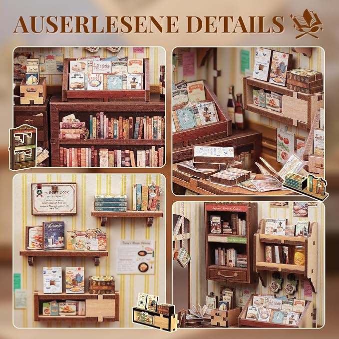 Cutefun Book Nook Kit - DIY Miniature Dollhouse Kit 3D Creative Decorative Bookend 3D Wooden Puzzle for Adults, Bookshelf Insert Library Decor with LED Light (Cooking Bookstore)