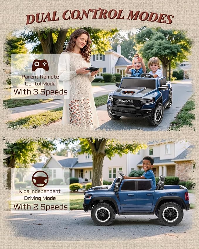 First Ride On 24V Ride On Toys for Big Kids, RAM 1500 RHO 2 Seater Ride on Car w/Remote, Battery Powered Truck w/ 4 Wheels Suspension, Toddler Car w/Bluetooth, LED Lights, Trunk & High Doors