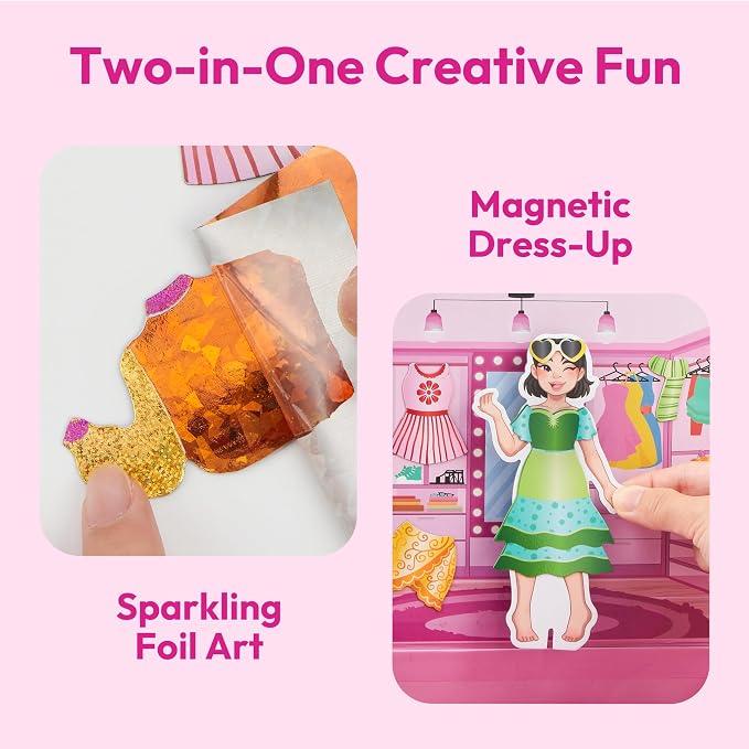 JOVA Klever Kits Foil Magnet Dress-Up Kit, 2-in-1 Fashion DIY Craft for Kids Paper Dolls for Girls Ages 4 5 6 7 8 9 Travel Activity Birthday Gifts with Display Box