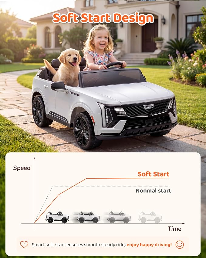 Firstness 2 Seater Ride on Car for Kids 24V Licensed Cadillac Escalade IQ Powered Wheels with Remote Control 400W Electric Ride on Toy with 3 Speed Light Music 7AH Battery Car for Kids Ages 3-8, White