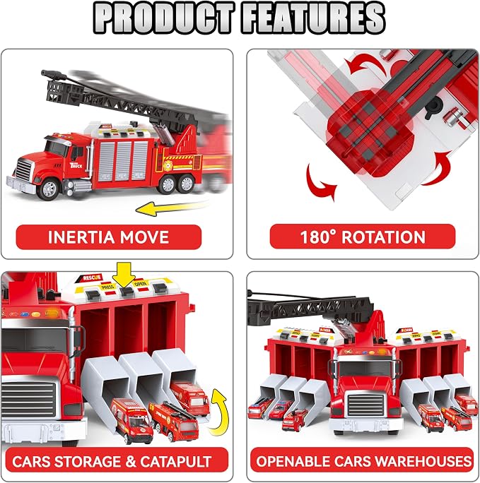 Inertial Drive Fire Truck Toy for 2 Year Old 27+'' Liftable Ladder/180° Rotatable Water Sprinkler , 6 Alloy Rescue Car Fire Trucks Playset, Light/Sound Firetruck Toys 3-5 Years Old w/Openable Carriage