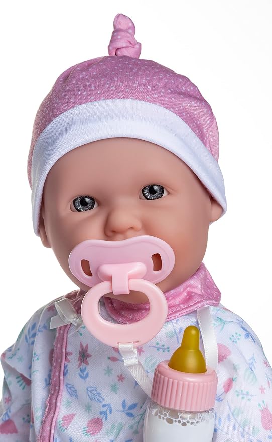 JC Toys La Baby Caucasian 16-inch Small Soft Body Baby Doll La Baby | Washable |Removable Pink Floral Outfit w/Hat, Pacifier & Magic Bottle | for Children 12 Months +