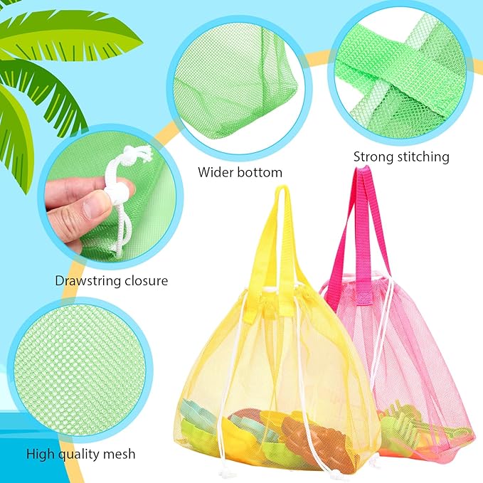 Paterr 16 Pcs Mesh Beach Tote Bag Seashell Bags Foldable Large Beach Toy Organizer with Drawstring, Pool Gym Swimming Camping Accessories Lightweight Foldable Birthday Gifts (8 Colors)