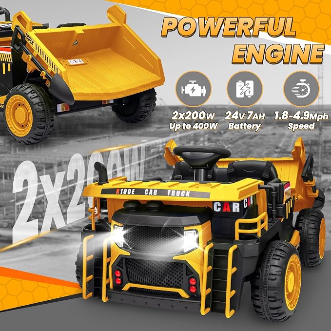 JOYRACER 24V 2 Seater Ride on Dump Truck w/400W Motors, Kids Ride On Car w/20'' Seat, Parent Remote, Electric Construction Vehicle w/Dump Bed & Shovel, 5Mph Max, Power Car Wheelers for Kids, Yellow