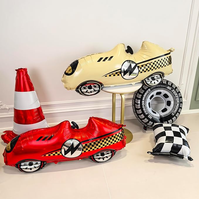 3D Self Standing Race Car Tire Foil Balloon Red Car Balloons For Birthday Boy Race Themed Party Baby Shower Decorations Supplies