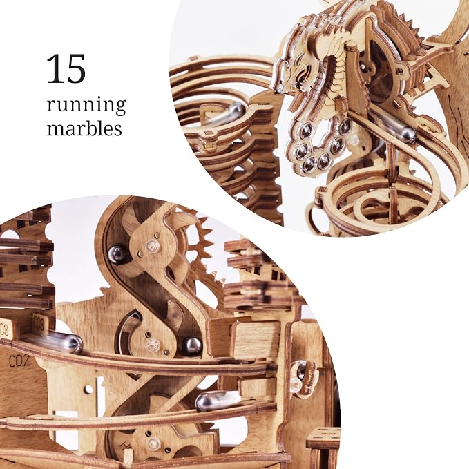 iDventure Wooden Marble Run Dragon | 3D Mechanical Wooden Model Kit | Hand-Cranked Marble Track with 15 Steel Balls | Unique DIY Gift for Adults & Teens