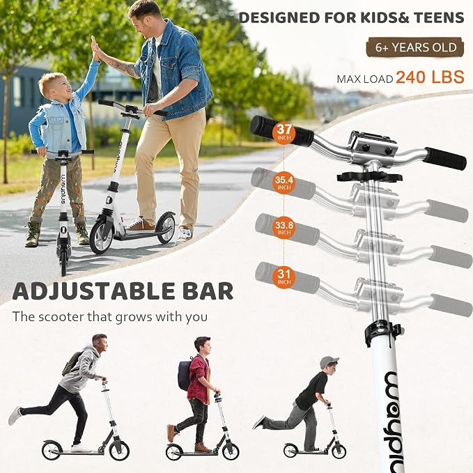 WAYPLUS KS1 Kick Scooter for Ages 6+,Kid, Teens & Adults. Max Load 240 LBS. Foldable, Lightweight, 8IN Big Wheels for Kids, Teen and Adults, 4 Adjustable Levels. Bearing ABEC9 FED Fitness