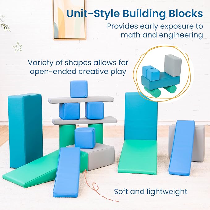 ECR4Kids SoftZone Builder Stacking Blocks and Shapes, Beginner Playset, Contemporary, 16-Piece