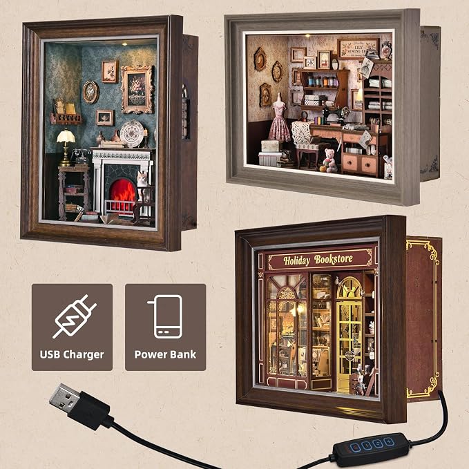Book Nook Kit-3D Wooden Puzzle with LED Switch Control & Wall-Mountable Frame,DIY Miniature House for Beginners,Bookshelf/Tabletop/Wall Decor for Craft Lovers,Dollhouse Gift,Holiday Bookstore