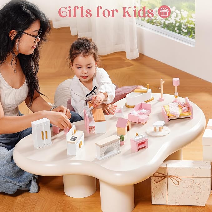 ROBUD Wooden Dollhouse Furniture Set, 28 Pcs Doll House Accessories, Miniature Furniture Including 6 Room Kits, Pretend Play Toys, Gift for Boys and Girls,3+