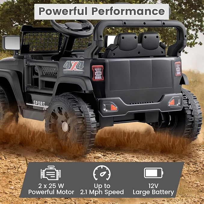 OLAKIDS 12V Ride On Truck, Battery Powered Electric Vehicle for Kids with Remote Control, Foldable Reflective Mirror, Spring Suspension, Music, LED Lights, Ride on Toy for 3+ Boys Girls (Black)