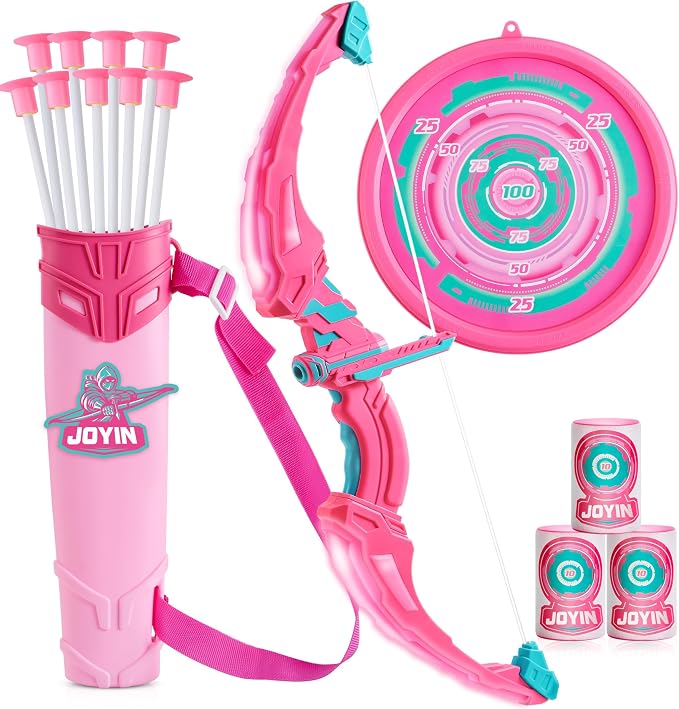 JOYIN Pink Bow and Arrow Set for Girls, LED Light Up Archery Toy Set with 9 Suction Cup Arrows, Target & Arrow Case, Christmas Indoor Outdoor Activity Toy for Kids Girls Ages 3-12