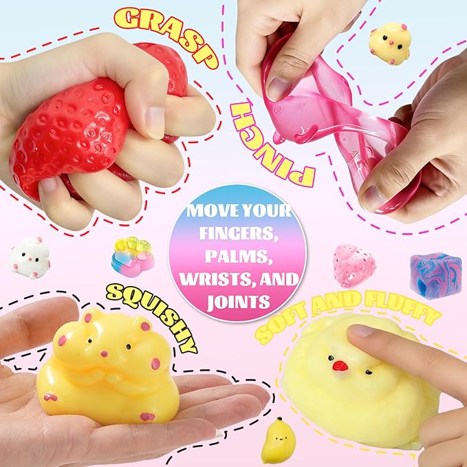 15Pcs Taba Squishies Kit, Squishies Fidget Toys, Including Strawberry, Cat Paw, Hamster Toy, Stress Relief Toys Party Favors for Kids 4-8 8-12, Sensory Toys Birthday Easter Gifts