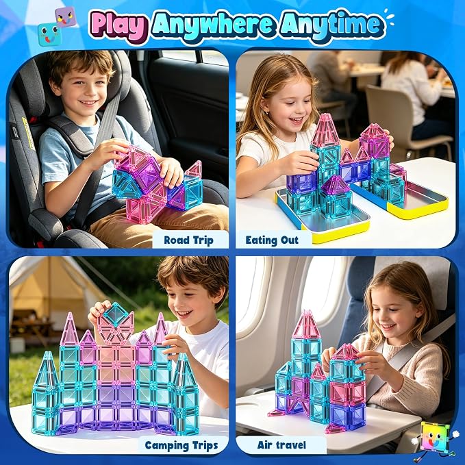 Soyee Mini Magnetic Tiles Kids Toys Travel Essential Games Magnet Building Blocks STEM Sensory Educational Toys for 3 4 5 6 7 8+ Year Old Boys Girls Christmas Birthday Gifts