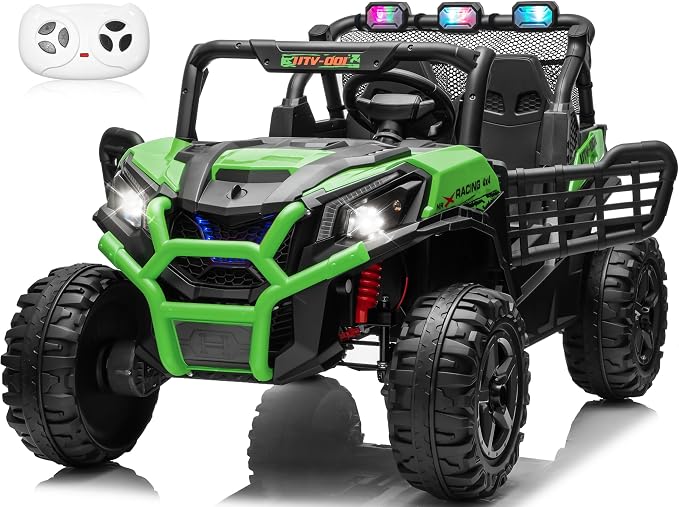 24V 2-Seater Ride On Car Truck w/4x200W, 20" Spacious Seat, 4WD/2WD Switchable, 5 Mph Max Speed, Rainbow Lights, Remote Control, Soft Start, Storage, Electric Car for Kids Ages 3-8, Green