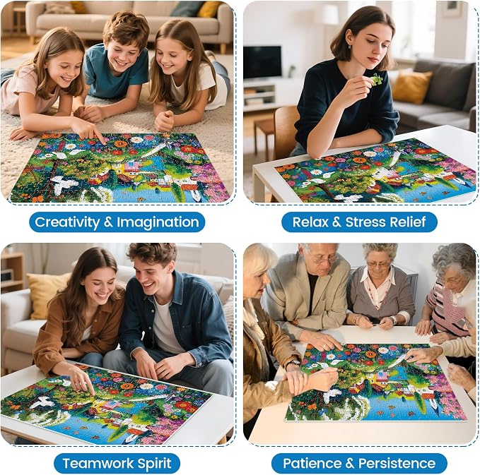 300 Pieces Puzzles for Adults, Large Piece Charming Village Jigsaw Puzzles,Colorful Village with Flowers,Birds Lake Puzzle for Kids Kids Ages 8-10 8-12 10-12,Puzzles for Family Game Nights,20.5x15 in