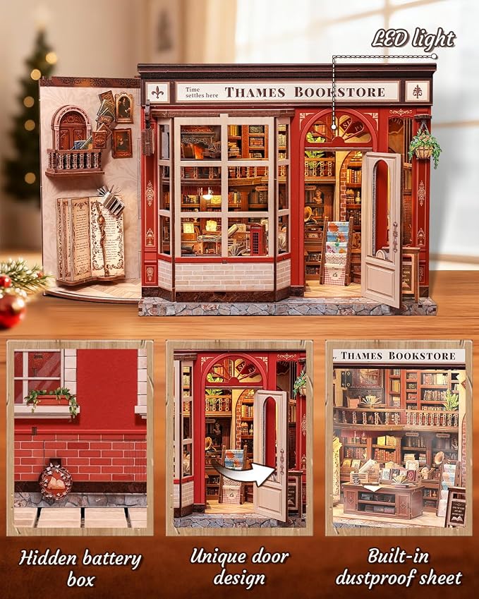 CUTEBEE Book Nook Kit - DIY Miniature House Dollhouse Kit for Adults and Teens, Booknook Tiny House Bookshelf 3D Wooden Puzzle, Gifts for Family (Thames Bookstore)