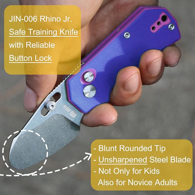JIN Rhino Jr. Kids Pocket Knife, Fidget Toy Knife, DIY Kit, 1.97” Unsharpened Steel Blade, Safety Rounded Tip, Kids-friendly Button Lock Folding EDC, Blue Multi G10 Handle