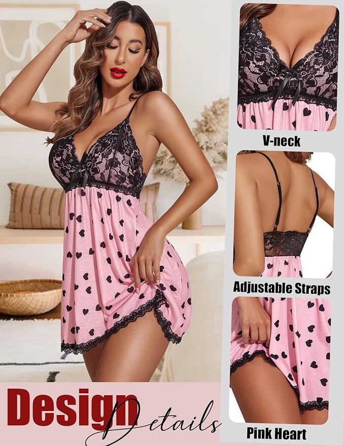 Avidlove Women Nightgown Sexy Sleepwear Lace Chemise V-neck Modal Babydoll Lounge Dress