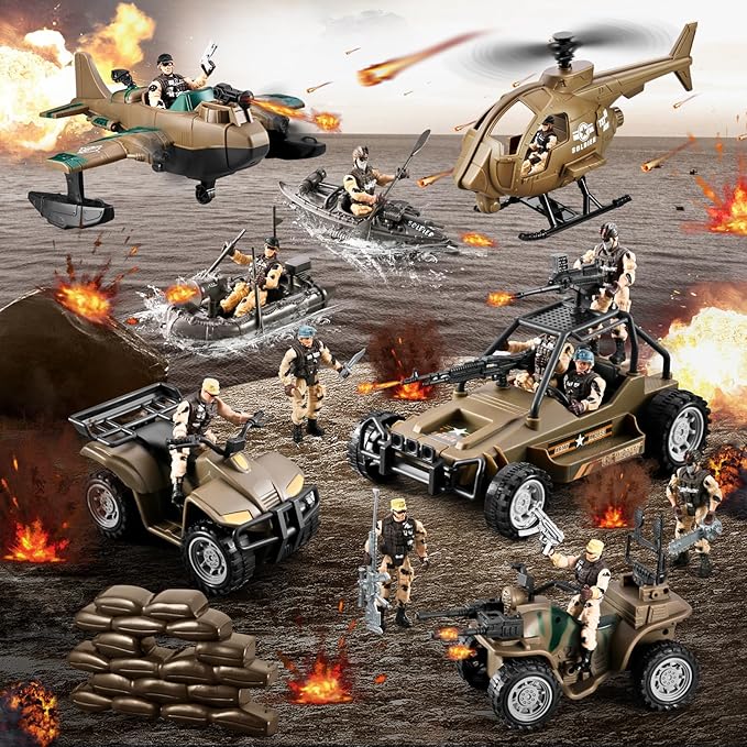 78-in-1 Army Men Toys Sets with Realistic Military Truck/Helicopter/Kayak Boat/Motorcycle/Army Men Action Figures/Weapon Gears, Army Toys Gift for Boys Kids 4-7 6-8 8-14 Fun Birthday Party Favors