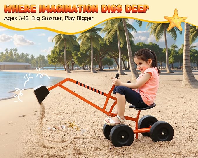 Albott Ride On Sand Digger Excavator Toys Working Crane with 8 inches Wheels and 360° Rotation Seat (Orange)
