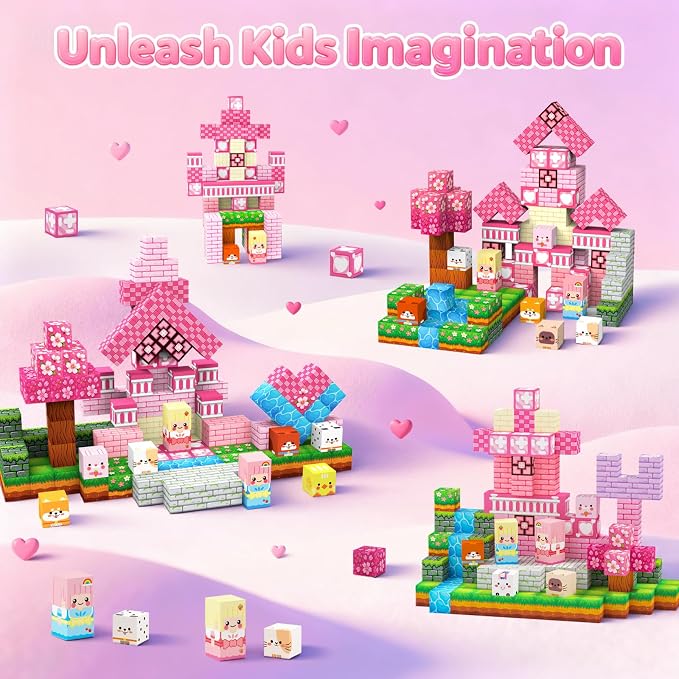 Magnetic Building Blocks, STEM Toys Educational Magnet Cubes for Kids Ages 4-12 (Pink Castle-150pcs)