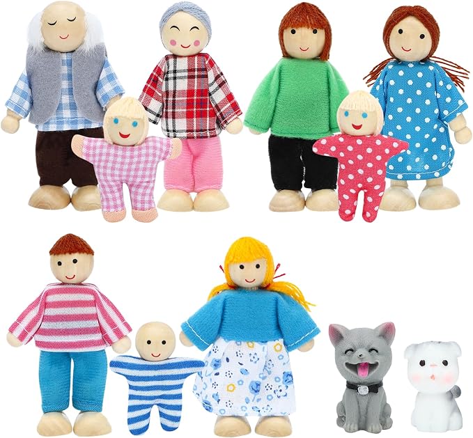 ONEST 11 Pieces Wooden Dollhouse Family Set Mini People Figures Sets Dollhouse Dolls Wooden Doll Family Pretend Play Figures Accessories for Pretend Dollhouses