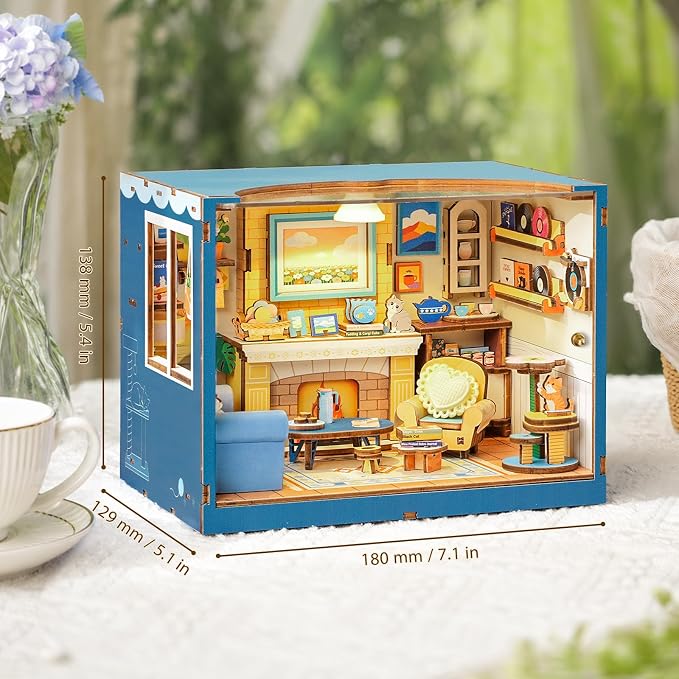 DIY Miniature House Kits-Living Room, 3D Wooden Puzzles with LED Light Tiny House Mini House Building Kit for Adults, Wooden Adults Crafts Home Decor Gifts for Parents Friends