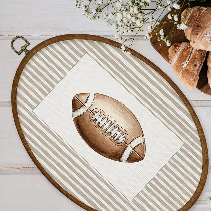 WULQYING Football Wall Art Decor, Sports Nursery Oval Framed Canvas Art Prints, Neutral Striped Classic Rugby Football Wall Hanging Decor for Kids Nursery Boys Home Bedroom Sport Room, 8.6x11.4 Inches
