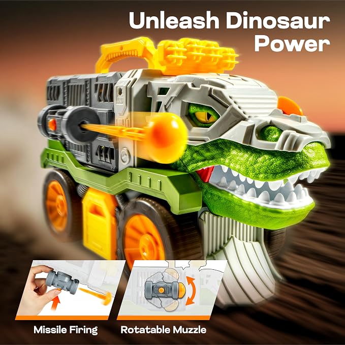 Vroomix JOVA Dinosaur Toys for Kids 3-5, Dinosaur Carrier Truck with 2 Pcs Cars and 6 Pcs Figures for Toddlers, T.Rex Truck with Launcher and Darts, Birthday Gifts Toys for 3 4 5+ Year Old Boy