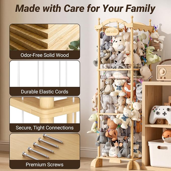 COSYLAND Stuffed Animal Storage Organizer for Kids Room - Large Pine Wood Plush Toy Holder with Elastic Cords & Nameplate - Cute Castle Toy Zoo for Toddler Room & Corner (Colorful Chain)