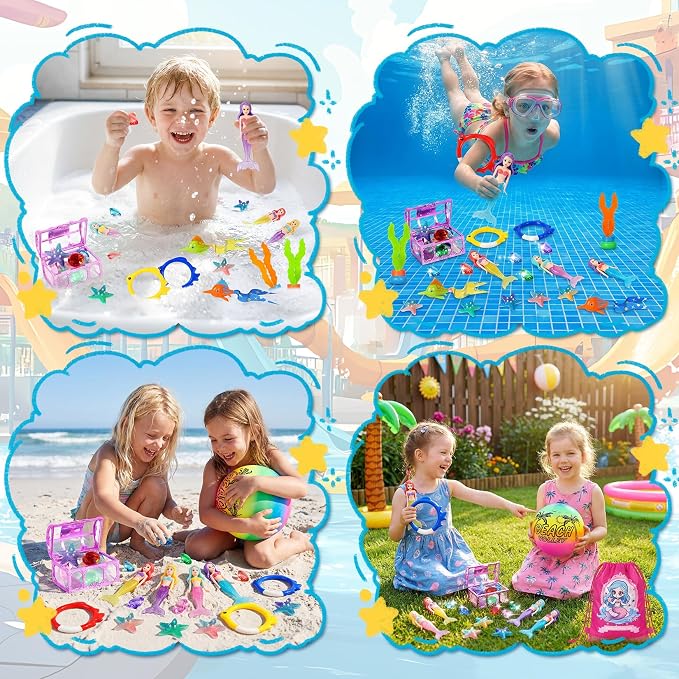 DRAMATION 25 Pcs Pool Diving Toys for Kids Ages 3-12, Mermaid Dive Pool Toys with Diving Gems and Treasure Chest, Diving Rings, Storage Bag, Summer Beach Swim Water Sinking Toys for Boys Girls 3-5 4-8