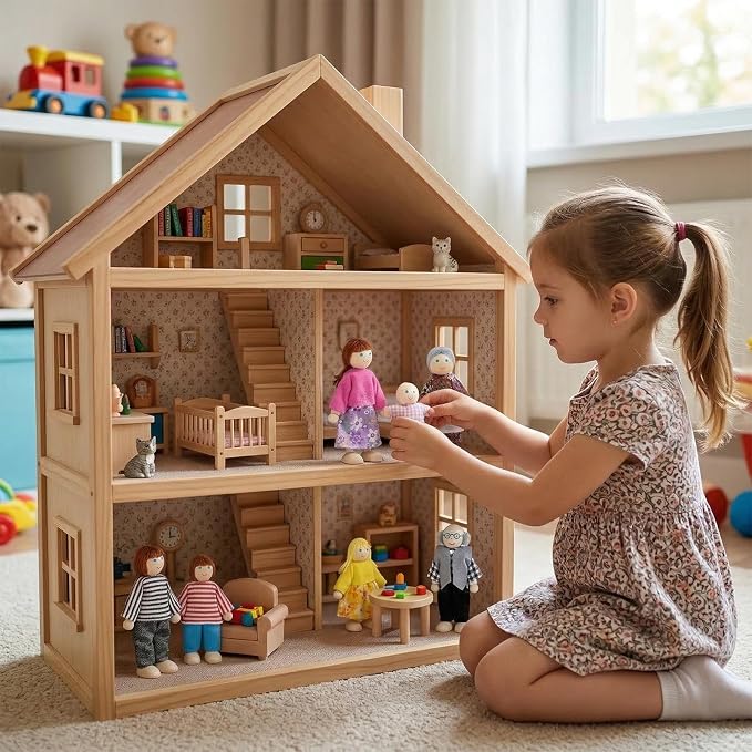 7PCS Wooden Dollhouse Dolls for Playing House Gifts for Children, Wood, Articulated Pretend Play Figures, Smooth Splinter-Free Wood, Montessori Family Set - 4.5In (Classic)