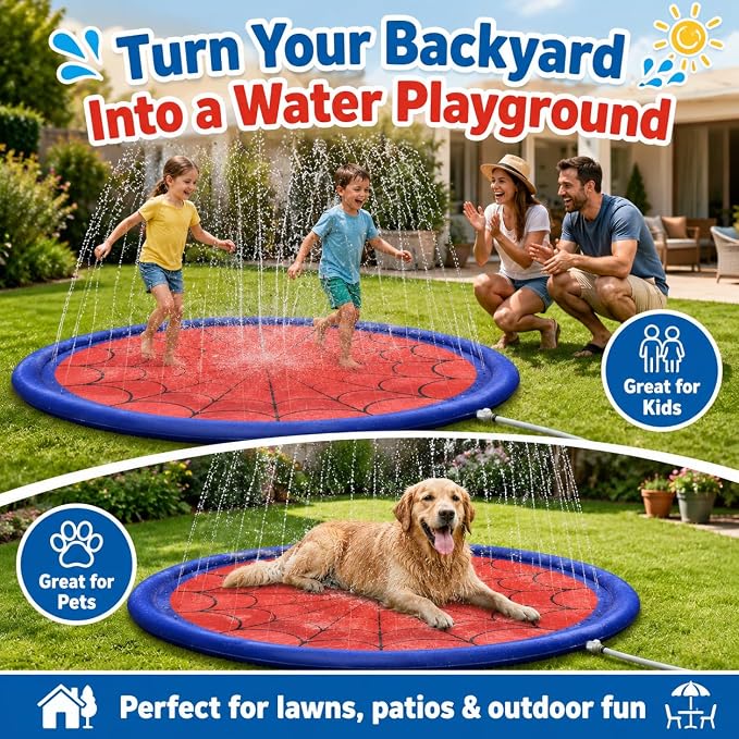 Splash Pad for Kids & Dogs, Upgrade Non-Slip Thicken Backyard Sprinkler Water Pad, Toddler Sprinkler Pool, Summer Outdoor Water Toys