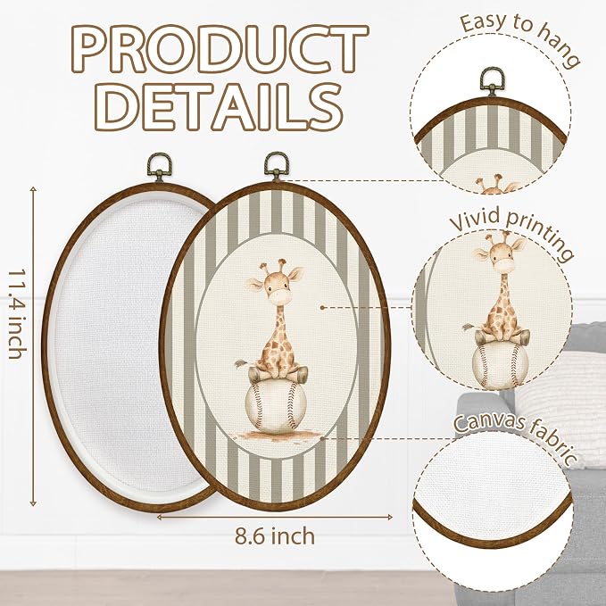 WULQYING Vintage Giraffe Baseball Nursery Wall Art Decor, Sports Oval Framed Canvas Art Prints, Neutral Striped Giraffe Baseball Wall Hanging Decor for Kids Boy Nursery Room Playroom, 8.5x11.4 Inches