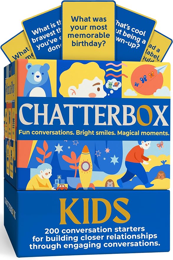 Chatterbox Conversation Cards for Kids, 200 Questions Designed for Kids and Children to Share, Connect and Enjoy Family Game Night, Family Reunion, Dinner Table, School Group Events & Road Trips