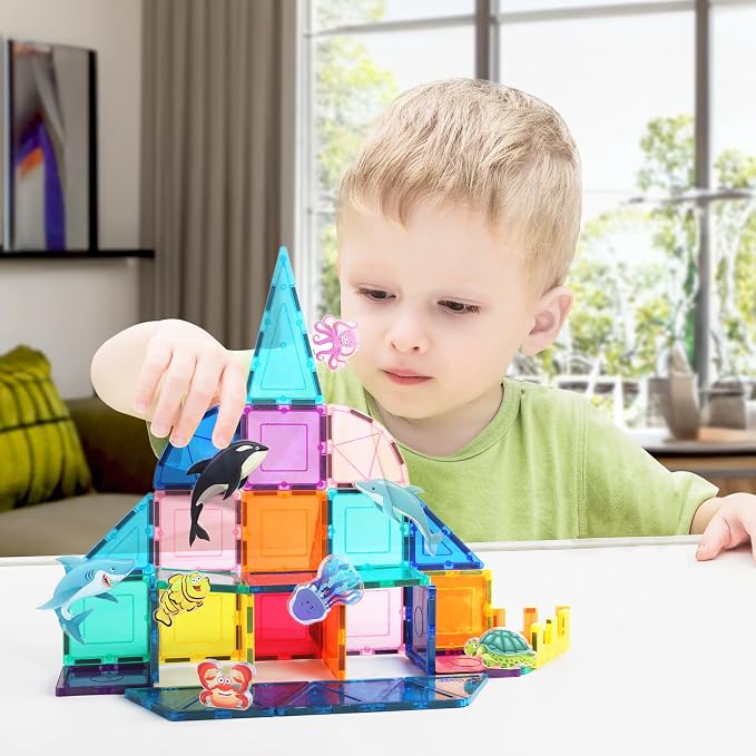 PicassoTiles Magnet Tile Building Blocks 8 Marine Animal Action Figures Compatible Magnetic Accessory Playset Tiles Kids Toys STEM Educational Learning Preschool Toddler Girls Boys Age 3+ PTA25