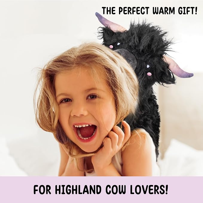 Happy Fuel Highland Cow Microwavable 1.5lbs Unscented Heating Pad for Women & Kids- Cute Soft Cozy Pillow Plush Heatable Warm Stuffed Animals- Kawaii Hot & Cold Plushie Toy- Cow Gifts for Girls & Boys