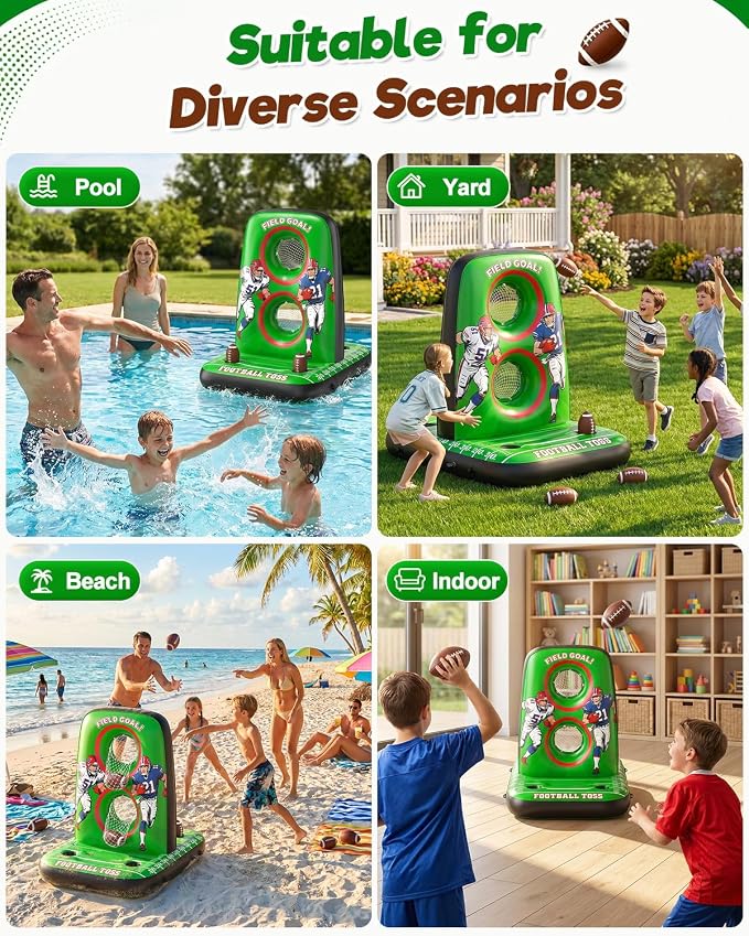 Inflatable Football Toss Game for Pool Floating Water Football Target with 4 Balls & 2 Pumps, Stable Base Outdoor Backyard & Beach Games Summer Pool Party Game for Kids, Teen & Adults