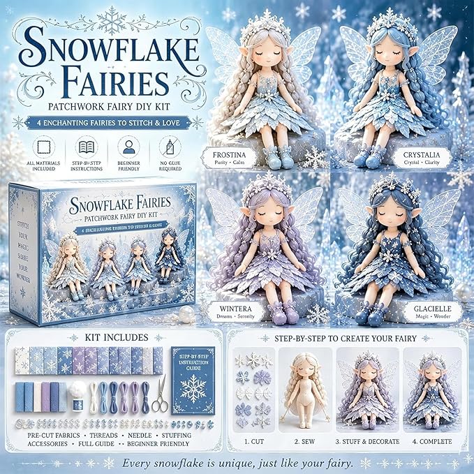 Fairy Patchwork DIY Collection, Fun Flower Fairy Patchwork Sewing Kit, Make 4pcs Winged Elf Cloth Dolls, Complete Fabric Supplies DIY Craft Set for Beginner Crafters, Home Decor Handmade Gift (#E)