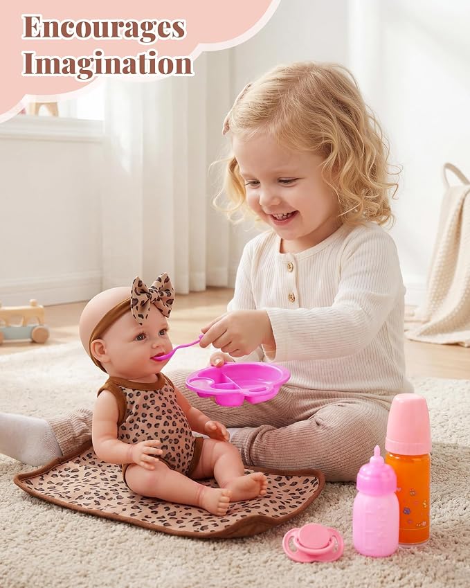 BABESIDE 13 PCS Baby Doll Clothes and Accessories for 10-12 inch Dolls, Baby Doll Feeding and Care Set with Carry Bag, Bottles, Tableware, Baby Doll Outfit for Doll Girl Boy (Leopard Pattern)