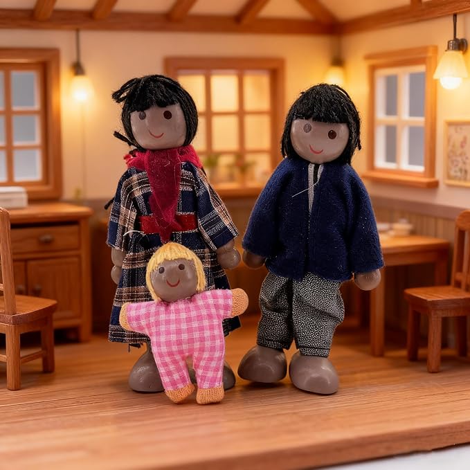 HYSTYLE 7 Pack Wooden Doll House Family Dollhouse Dolls Family Pretend Play Figures, Family Role Play Pretend Play Mini People Figures (African American)