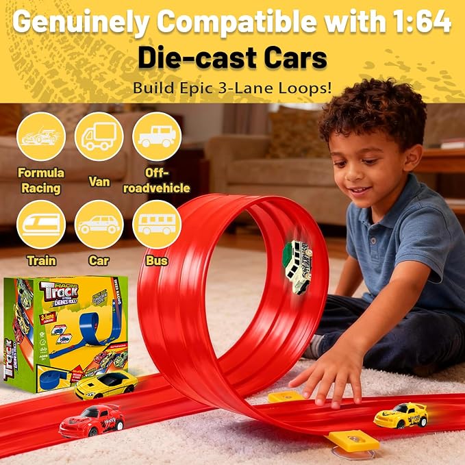 3-Lane Flexible Race Track for Kids - 20FT Flex Race Car Ramp Track with Strong Suction Cups, Rolls Up Portable DIY Racetrack Compatible with Hot Wheels & Diecast 1/64th Cars