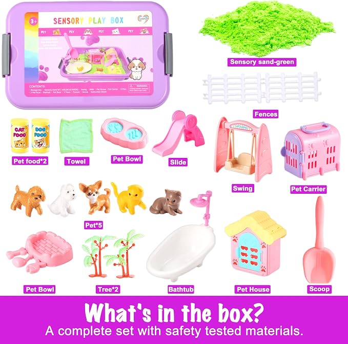 Carolart Pet Sensory bin,Dog and Cat Sandbox for Kids,Kids Play Sand Kit,Pet Play Set with Sensory Sand,Pet Care Play Set,Role Pretend Play Beach Toy Birthday Gift for Girls Boys 3 4 5 6 Years Old