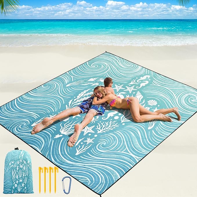 WIWIGO Beach Blanket Waterproof Sandproof Beach Mat 79" X 83"/10'x9'for 2-8 Adults Quick Drying Outdoor Picnic Mat Beach Accessories for Travel, Camping, Hiking